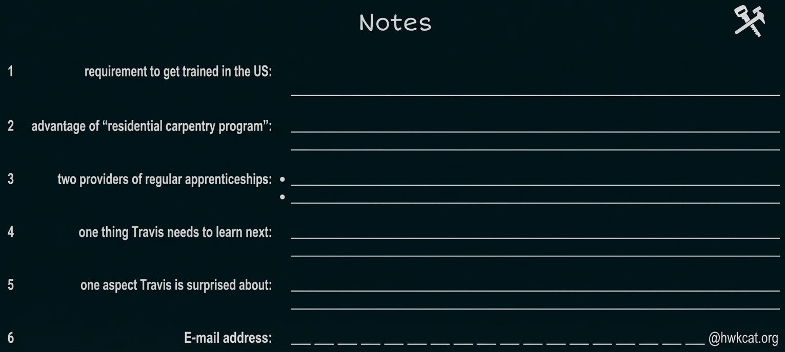 Leeres Notizblatt "Notes" mit Fragen zu Ausbildungsprogrammen, nummerierten Linien und E‑Mail-Feld (@hwkcat.org)